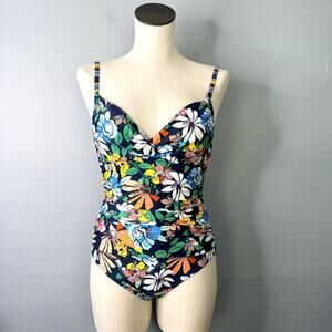 Ellen Tracy Fast & Fresh Surplice Navy Blue Multi Floral One Piece Swimsuit Sz 6